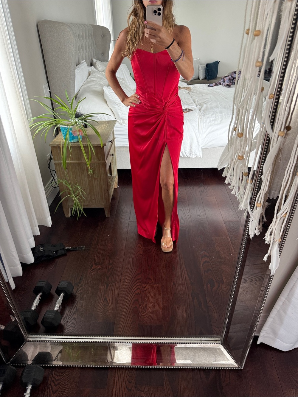 Red Strapless Satin Maxi Dress with Side Twist and High Slit